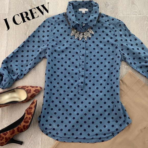 J. Crew Tops - J. Crew Blue Polka Dot Button Down Shirt Size 4